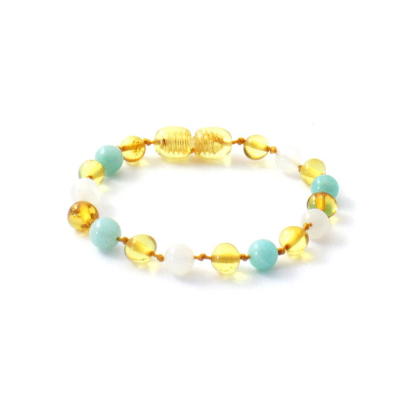 Amber bracelet for babies and children with moonstone and amazonite