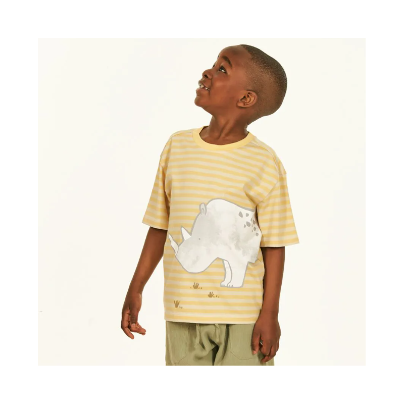 Sense Organics katoenen tshirt geel gestreept met neushoorn